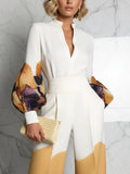 Long Sleeves Puff Sleeves Abstract Printed Contrast Color Split-Joint Stand Collar Blouses&Shirts Tops