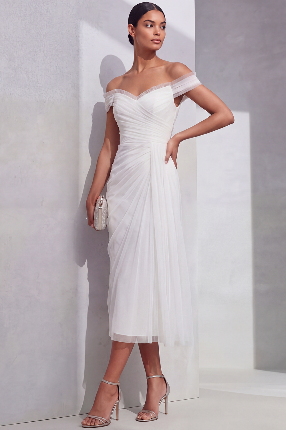 Lilac Formal Evening Dress Off the Shoulder Pleated Chiffon Midi Dress