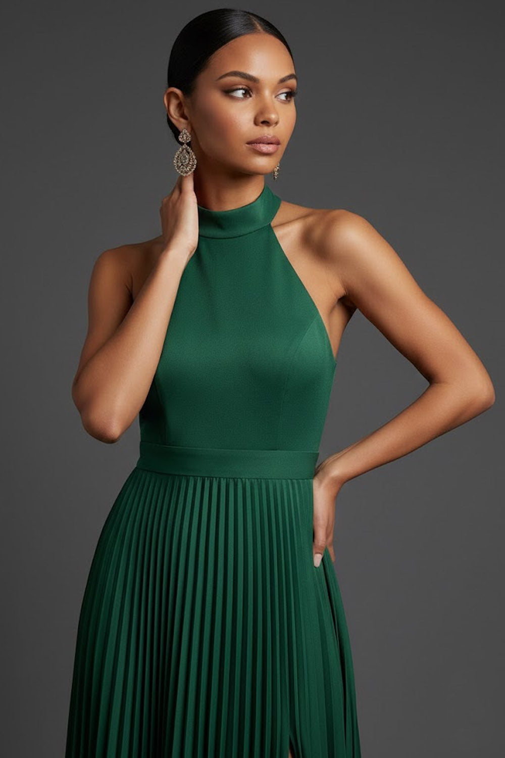 Dark Green Wedding Bridesmaid Dress Halter Pleated Maxi Dress with Slit