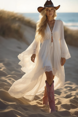 Bohemian Beach Swing Dress White Long Sleeve Plus High Low Maxi Dress