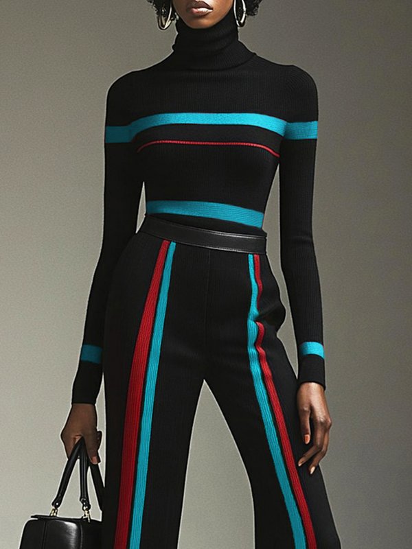 Long Sleeves Contrast Color Striped High Neck Pullovers Sweater Tops