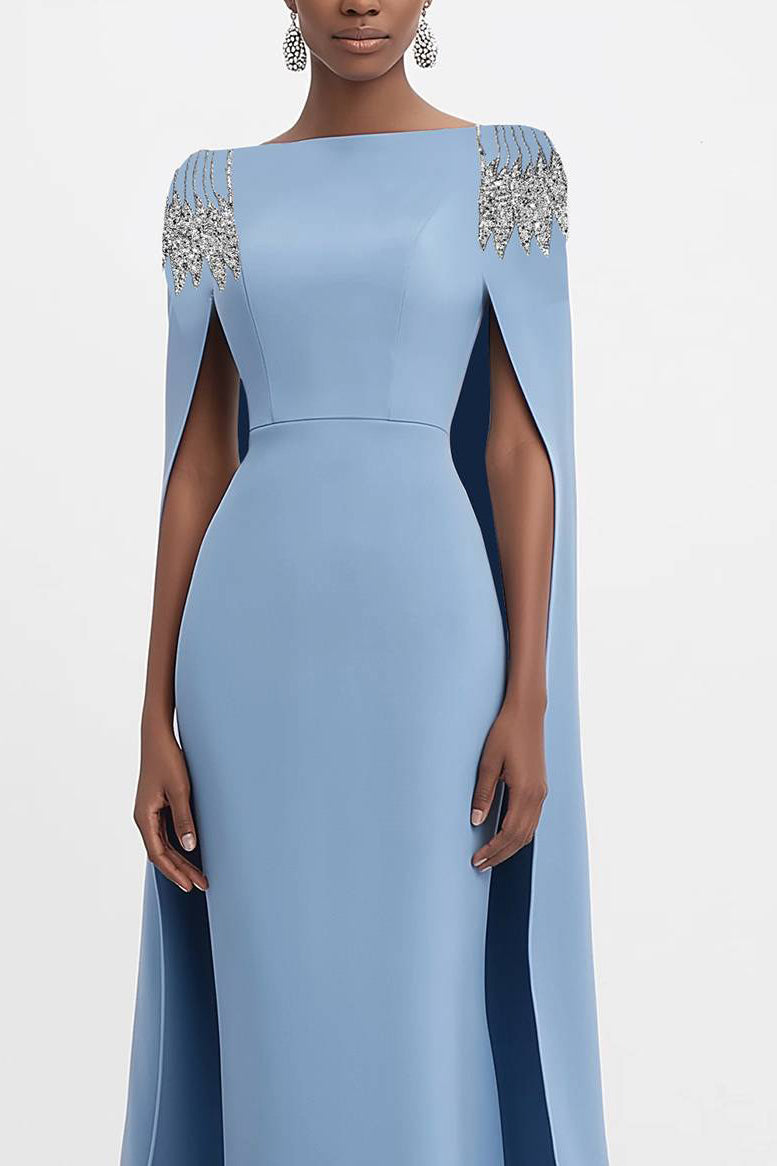 Mother of the Bride Dress Blue Cape Rhinestone Dec Pencil Maxi Gown