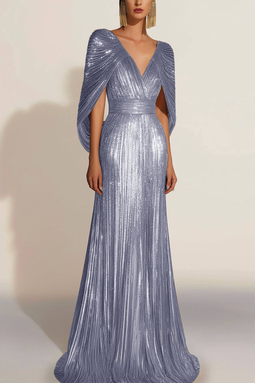 Formal Evening Fringe Dress Gold Sequin V Neck Cape Maxi Gown