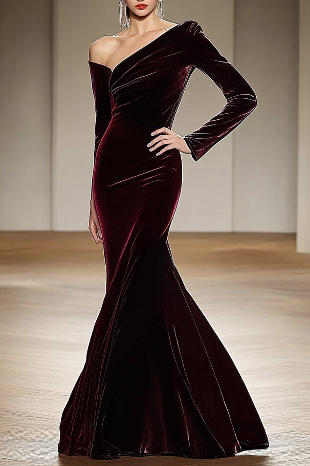 Formal Evening Dress Velvet Dark Red Asymmetrical Neck Mermaid Maxi Dress