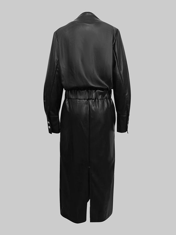 Long Sleeves Puff Sleeves Buttoned Pleated Solid Color V-Neck Midi Dresses