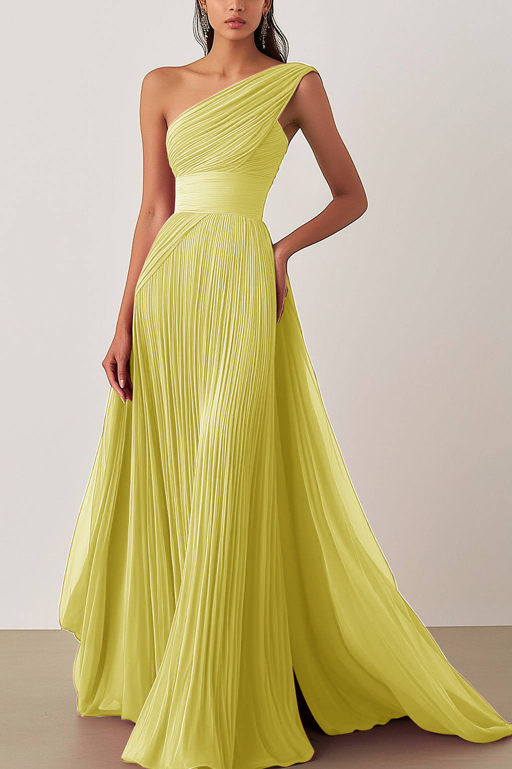 Prom Formal Pleated Dress Rose Color One-Shoulder Maxi Dress