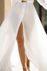 Chic Casual Shirt Dress White Lapel Slit Maxi Dress