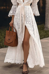 Vacation Casual Dress White Lace Deep V High Slit Maxi Dress