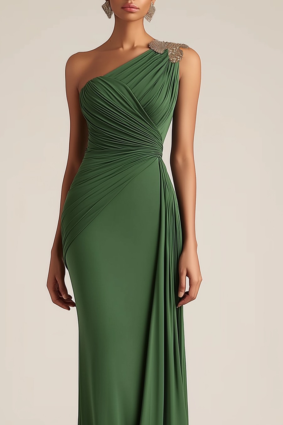 Fall Wedding Guest Dress Green One-Shoulder Ruched Maxi Dress