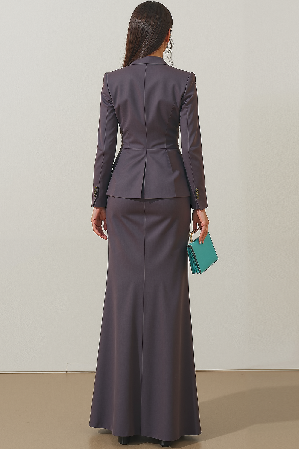 Work Suit Sets Dark Grey Lapel Long Sleeve Maxi Skirt Set