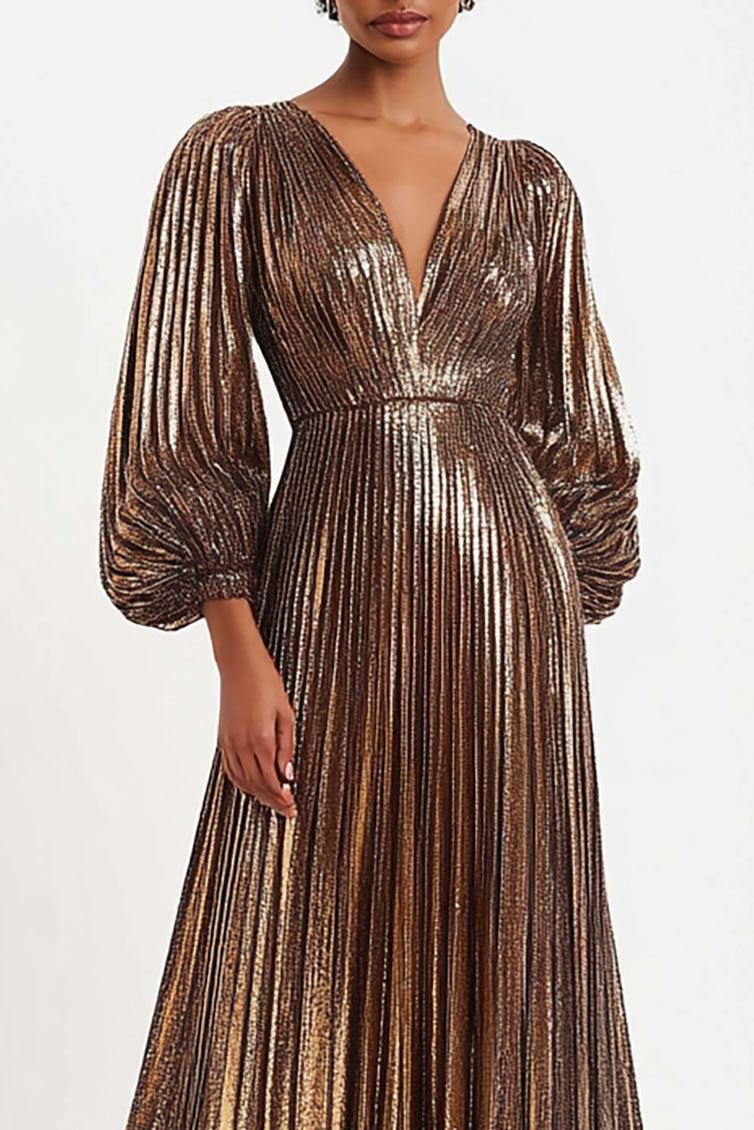 Elegant Pleated Metallic Dress Deep V Neck Puff Sleeve Maxi Dress