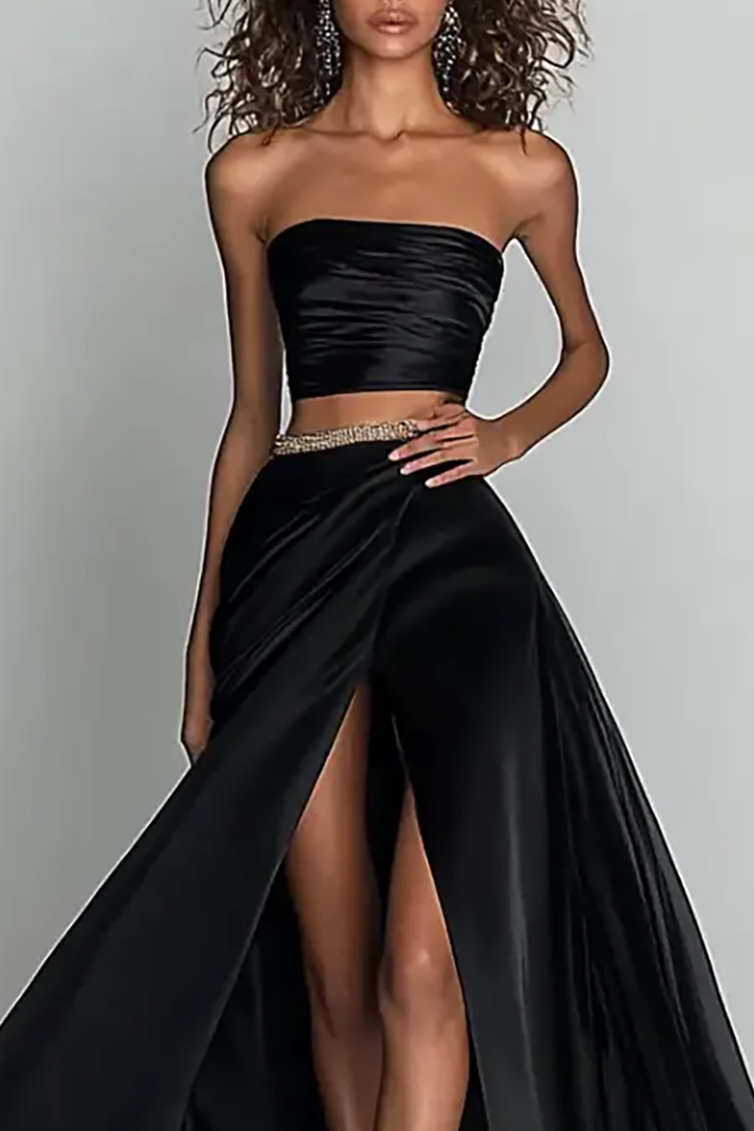 Party Set Black Strapless High Slit Maxi Skirt Two-Piece Set