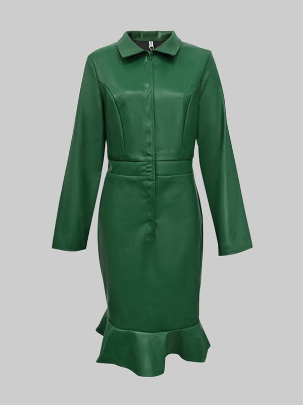 Bodycon Long Sleeves Buttoned Elasticity Ruffle Trim Solid Color Split-Joint Lapel Midi Dresses