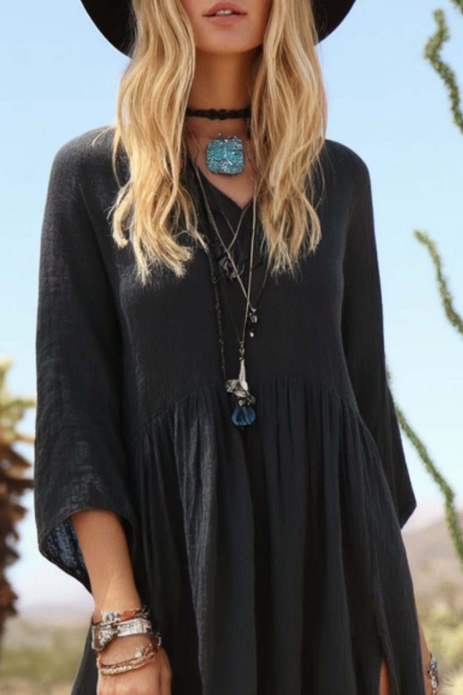 Bohemian Dress Black V Neck Slit Maxi Dress