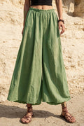 Bohemian Casual Pants Green Elastic Waist Wide-Leg Pants