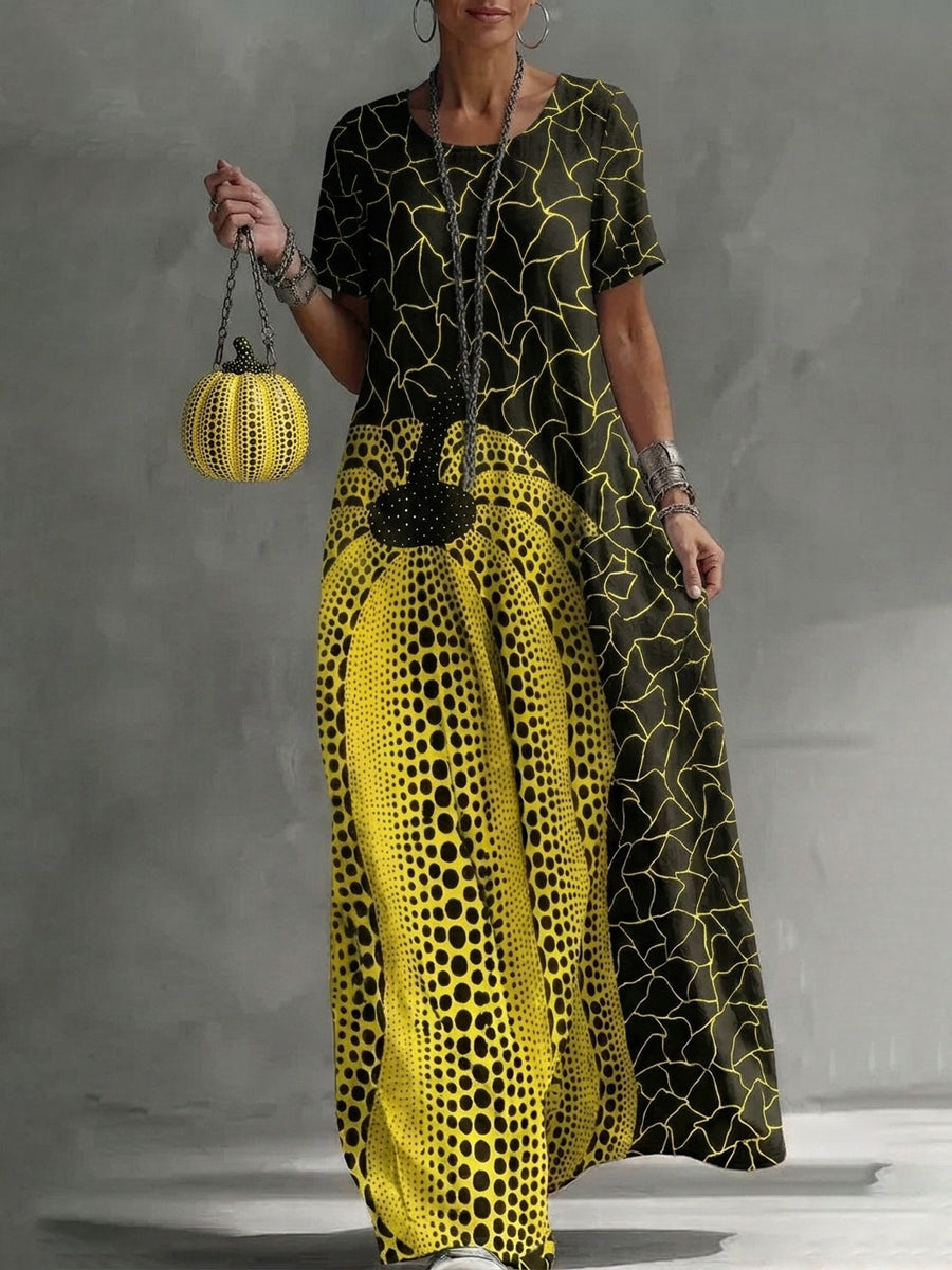 Loose Short Sleeves Contrast Color Pockets Printed Maxi Dresses