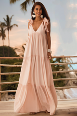 Bohemian Dress Pink V Neck Ruched Maxi Dress