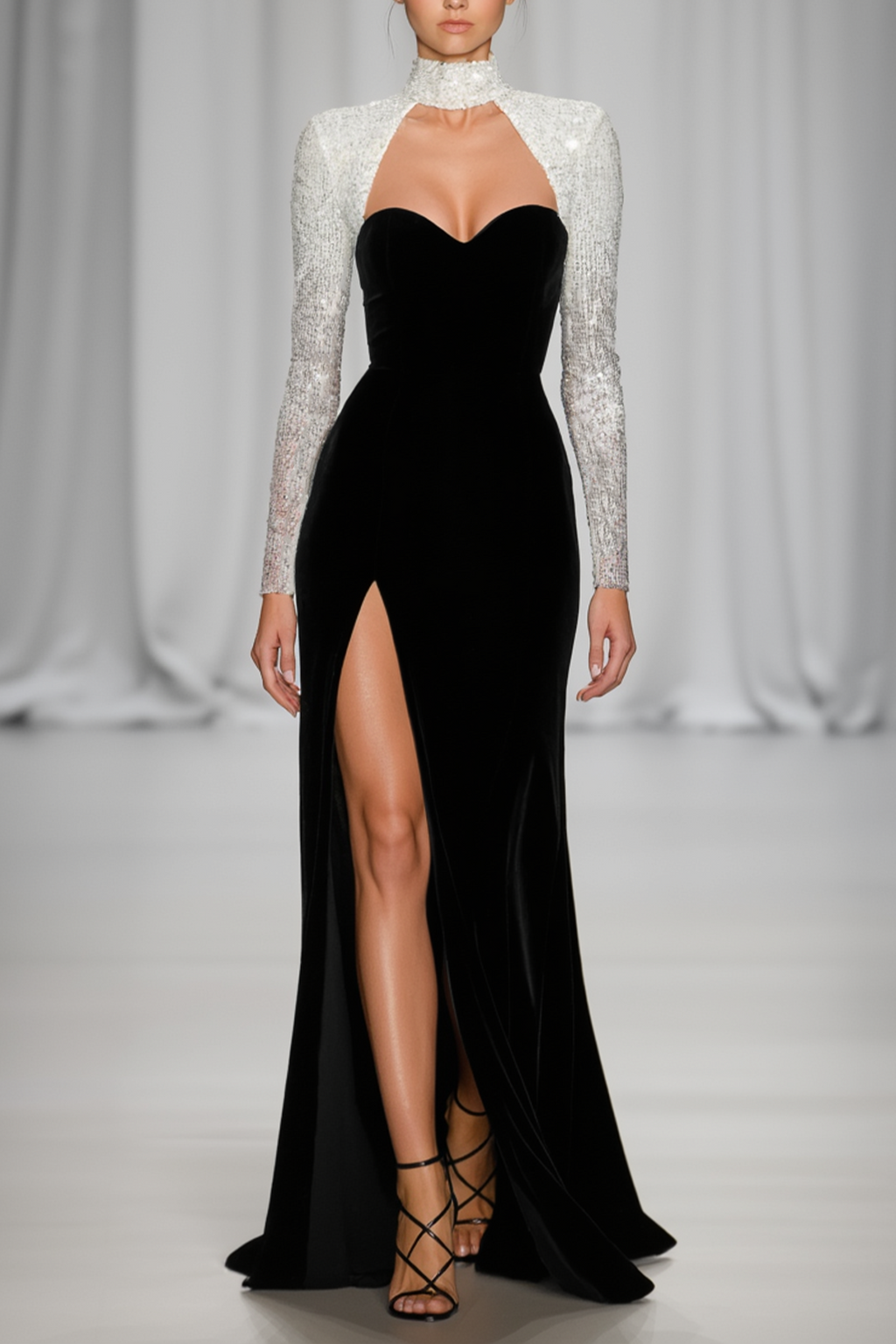 Evening Dress Set Black Strapless Velvet Slit Maxi Dress with Sequin Bolero