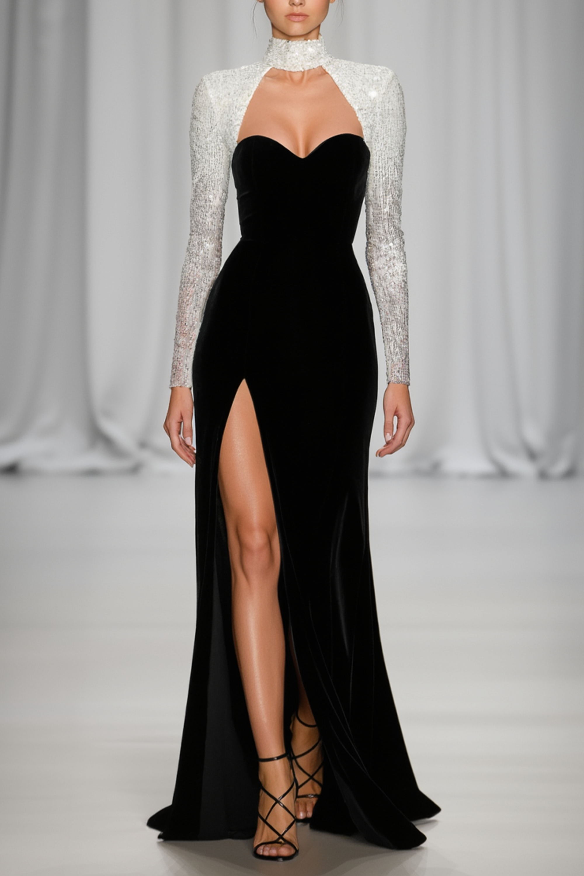 Evening Dress Set Black Strapless Velvet Slit Maxi Dress with Sequin Bolero