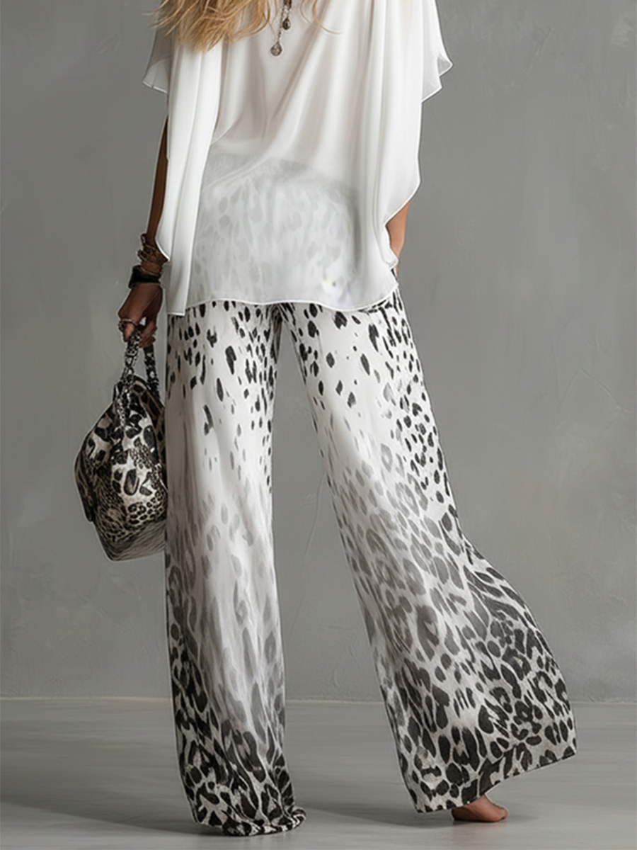Loose Wide Leg Elasticity Gradient Leopard Pockets Trousers Wide Leg Pants