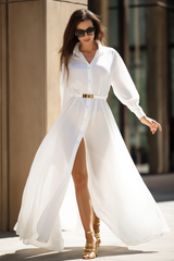 Chic Casual Shirt Dress White Lapel Slit Maxi Dress