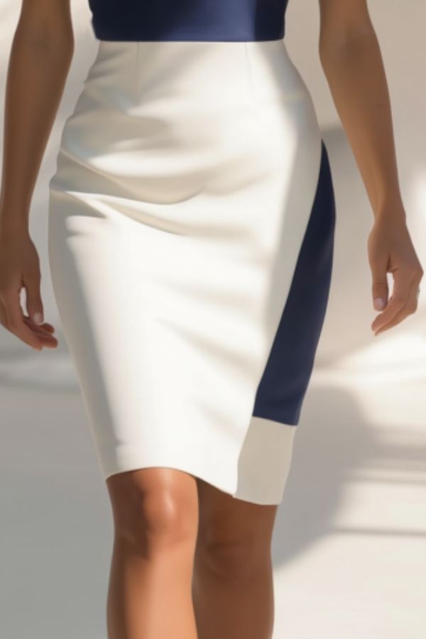 Work Dress White Navy Colorblock Sleeveless Knee-Length Dress