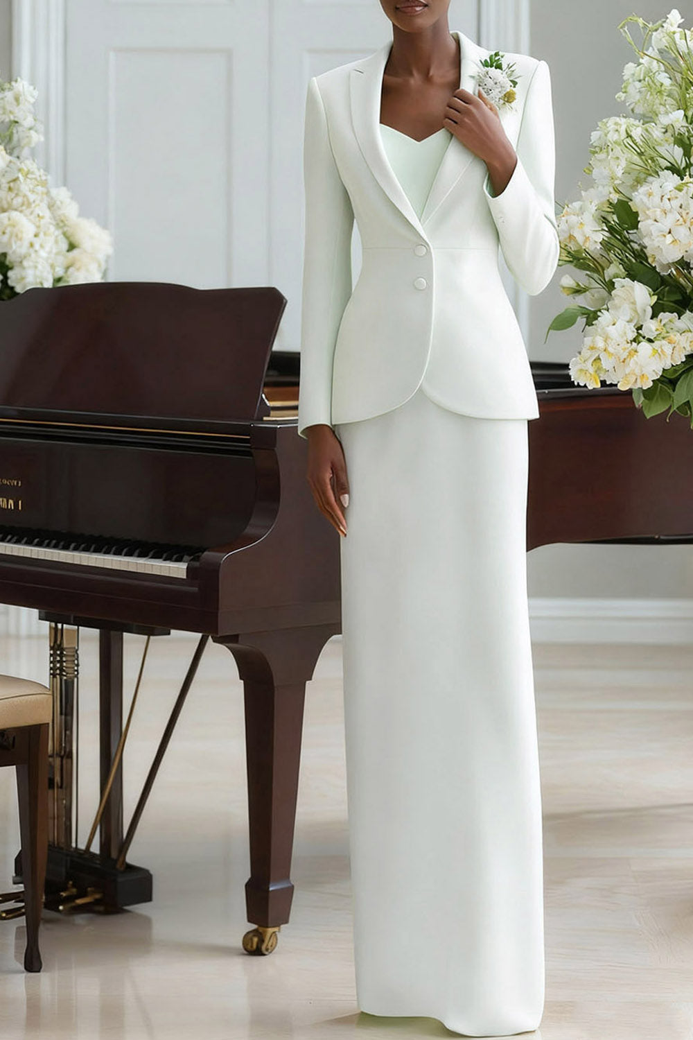White Business Formal Blazer Suit Lapel Long Sleeve Maxi Skirt Set
