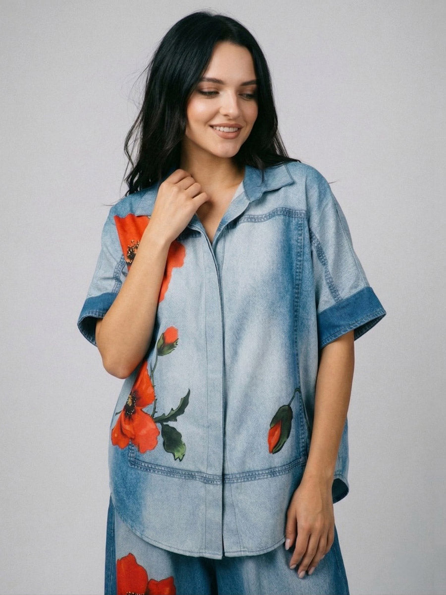 Loose Short Sleeves Buttoned Contrast Color Flower Print Lapel Blouses&Shirts Tops
