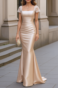 Mother of the Bride Dress Champagne Satin Square Neck Maxi Dress