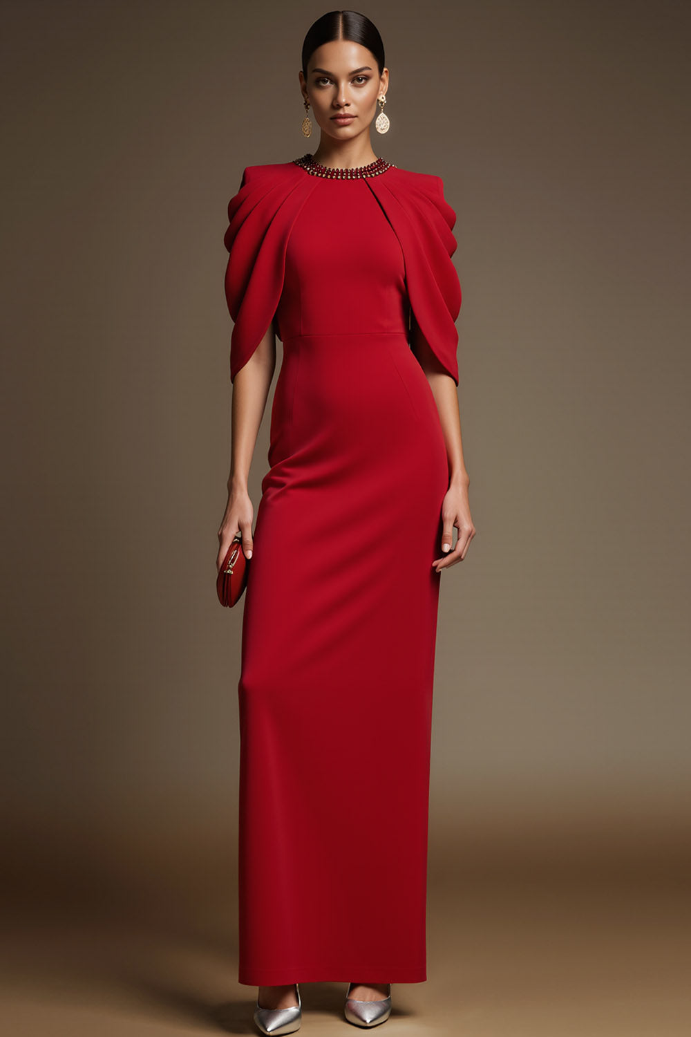 Red Evening Formal Dress Round Neck Cape Maxi Dress with Slit