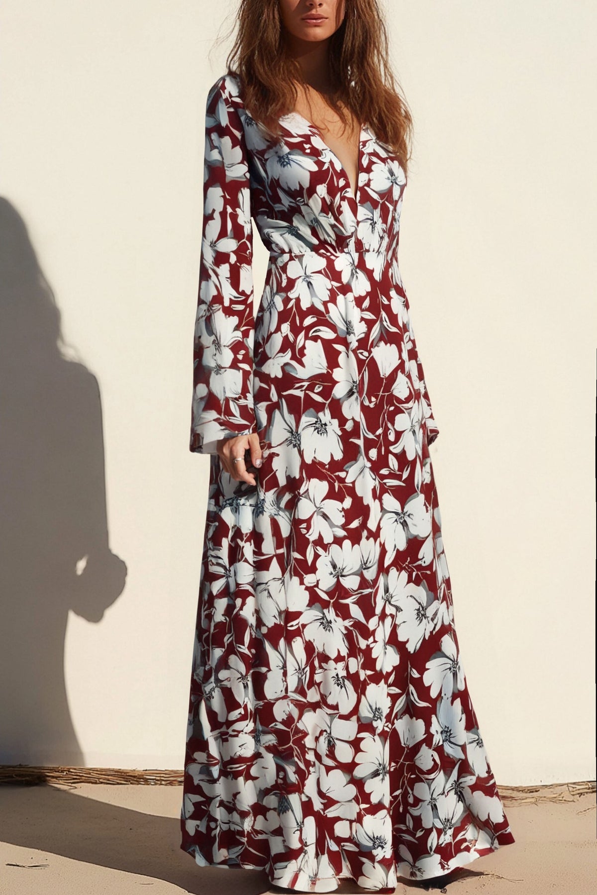 Casual Floral Dress Red Deep V Long Sleeve Maxi Dress