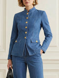 Long Sleeves Buttoned Pockets Solid Color Stand Collar Outerwear
