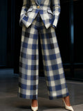 Loose Wide Leg Contrast Color Elasticity Plaid Pockets Pants Trousers