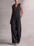 High Waisted Sleeveless Contrast Color Pockets Zipper V-Neck Jumpsuits