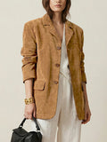 Long Sleeves Loose Buttoned Solid Color Split-Joint Notched Collar Blazer Outerwear