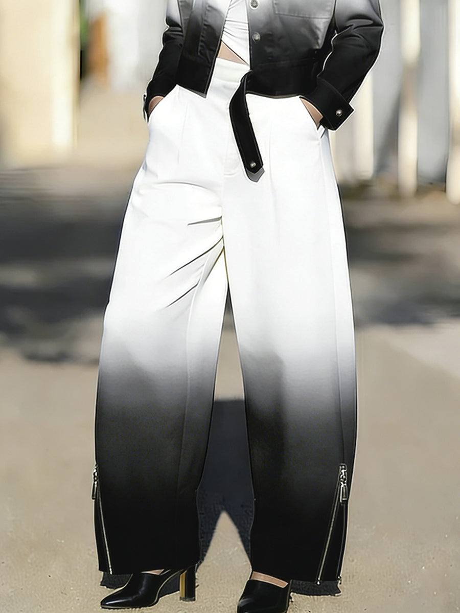 Wide Leg Gradient Pockets Zipper Pants Trousers