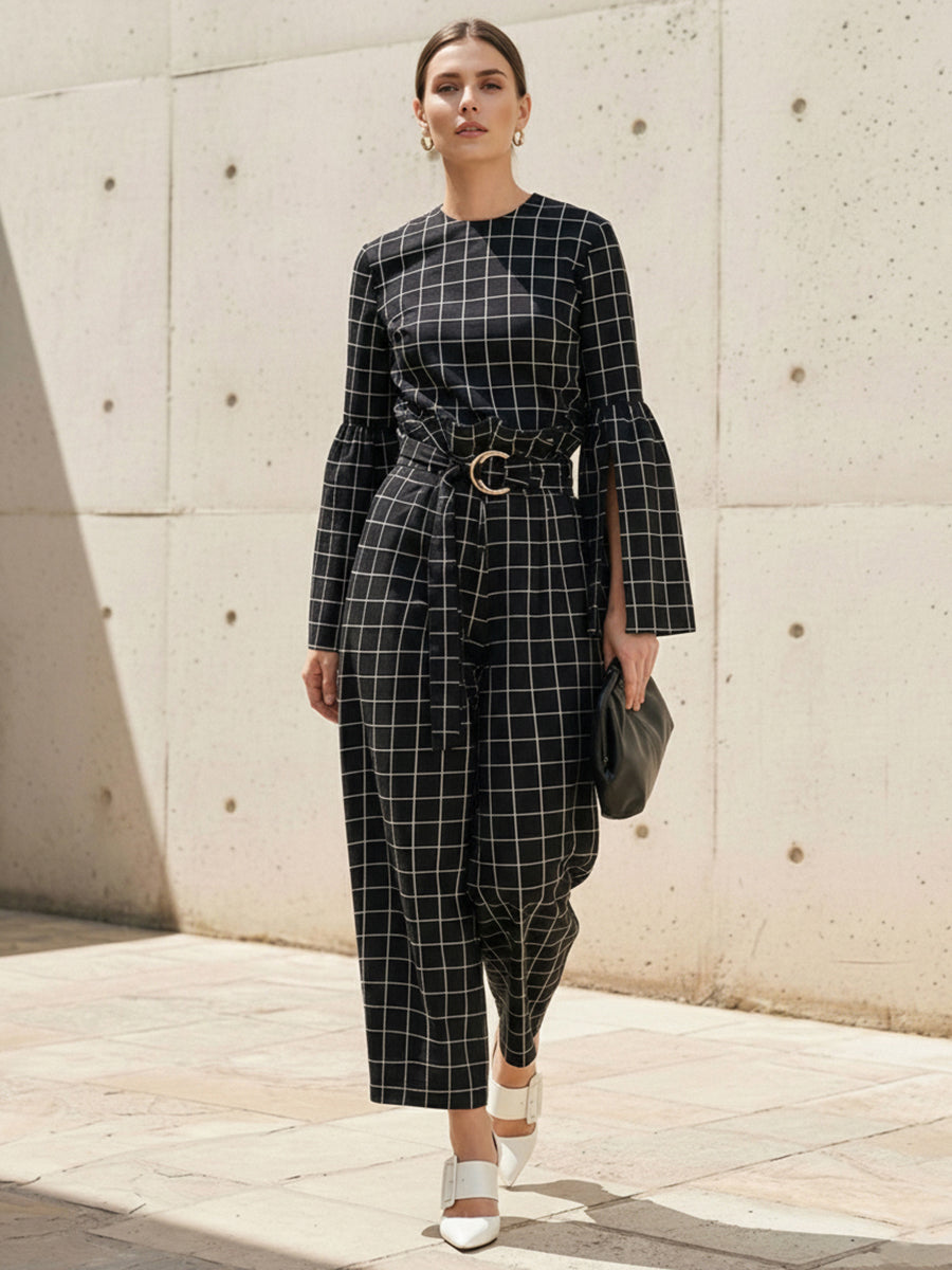 Flared Sleeves Long Sleeves Contrast Color Plaid Split-Joint Round-Neck Blouses&Shirts Tops