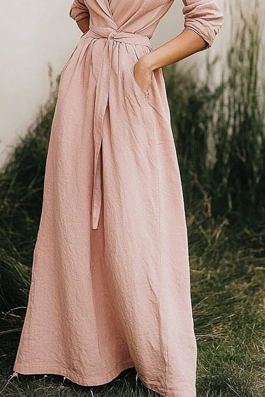 Daily Casual Linen Dress Light Pink Cross Neck Pocket Maxi Dress