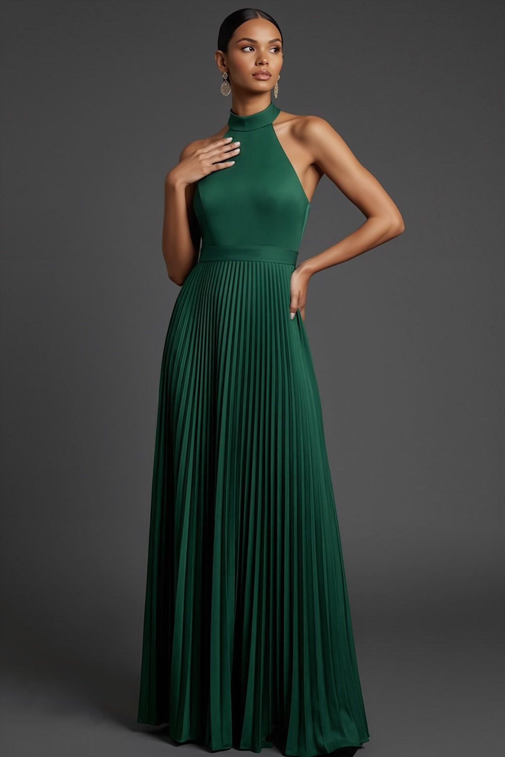 Dark Green Wedding Bridesmaid Dress Halter Pleated Maxi Dress with Slit