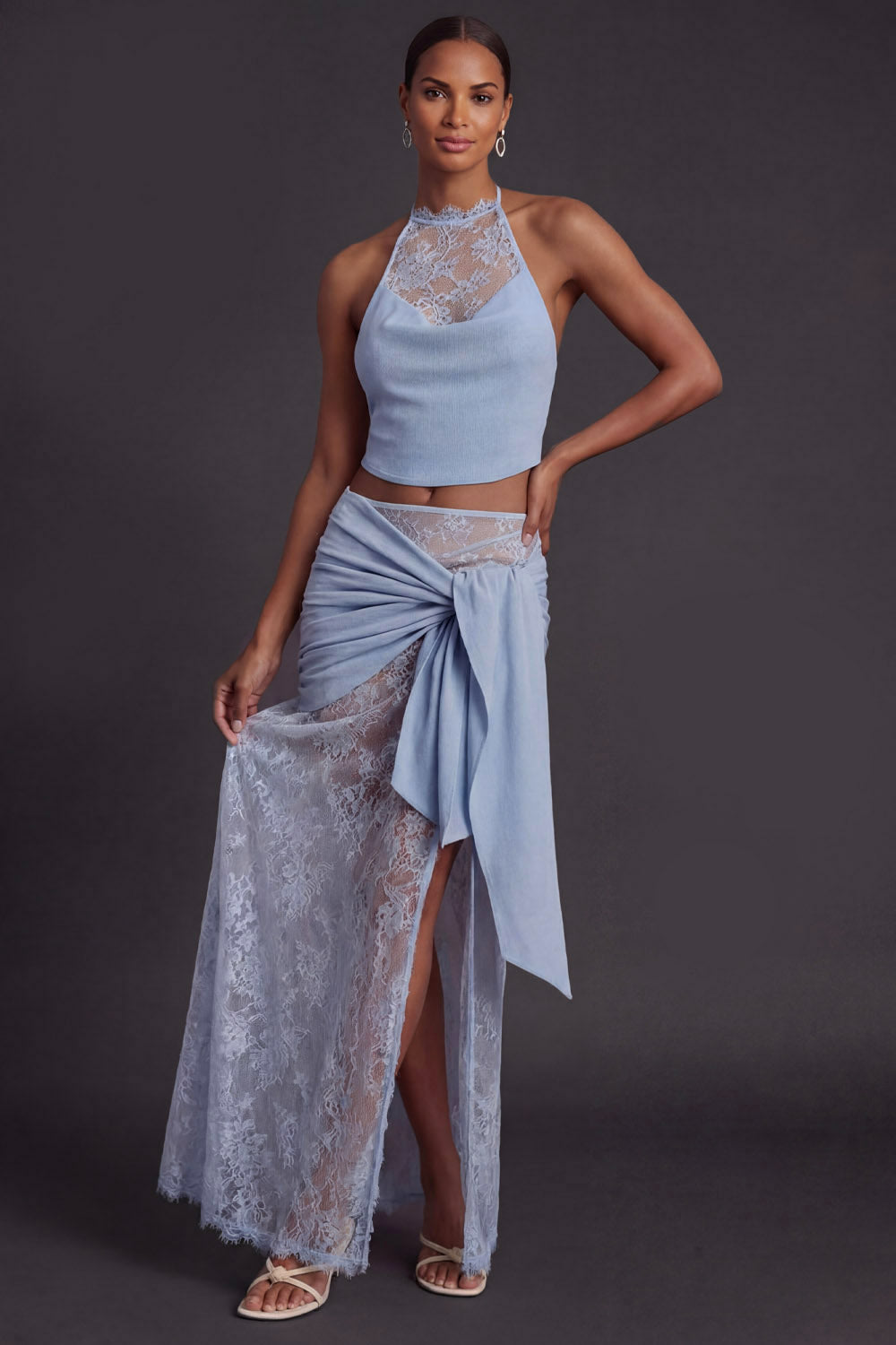 Sky Blue Formal Evening Outfit Sets Halter Slit Skirts Set