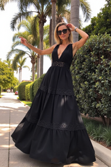 Bohemian Dress Black Deep V Sleeveless Lace Maxi Dress