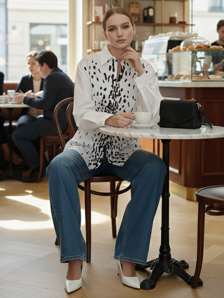 Long Sleeves Loose Brooch Elasticity Heart Shape Pleated Print Lapel Collar Blouses&Shirts Tops