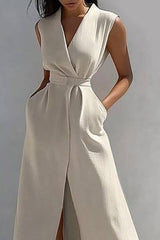 Casual Linen Dress Ivory Cross Neck Sleeveless Pocket Slit Maxi Dress