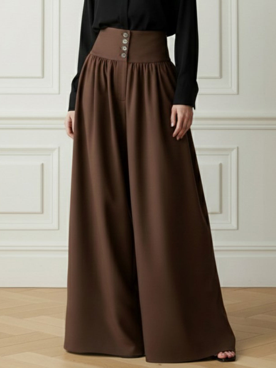 Elasticated Waist High Waisted Buttoned Pleated Pockets Solid Color Split-Joint Pants