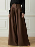 Elasticated Waist High Waisted Buttoned Pleated Pockets Solid Color Split-Joint Pants