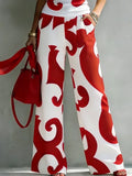 High Waisted Loose Contrast Color Pockets Printed Split-Joint Pants Trousers