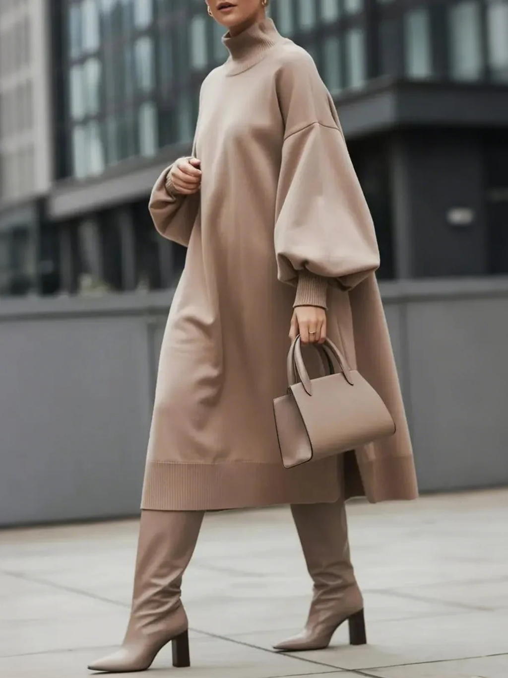 Long Sleeves Loose Solid Color High Neck Midi Dresses Sweater Dresses