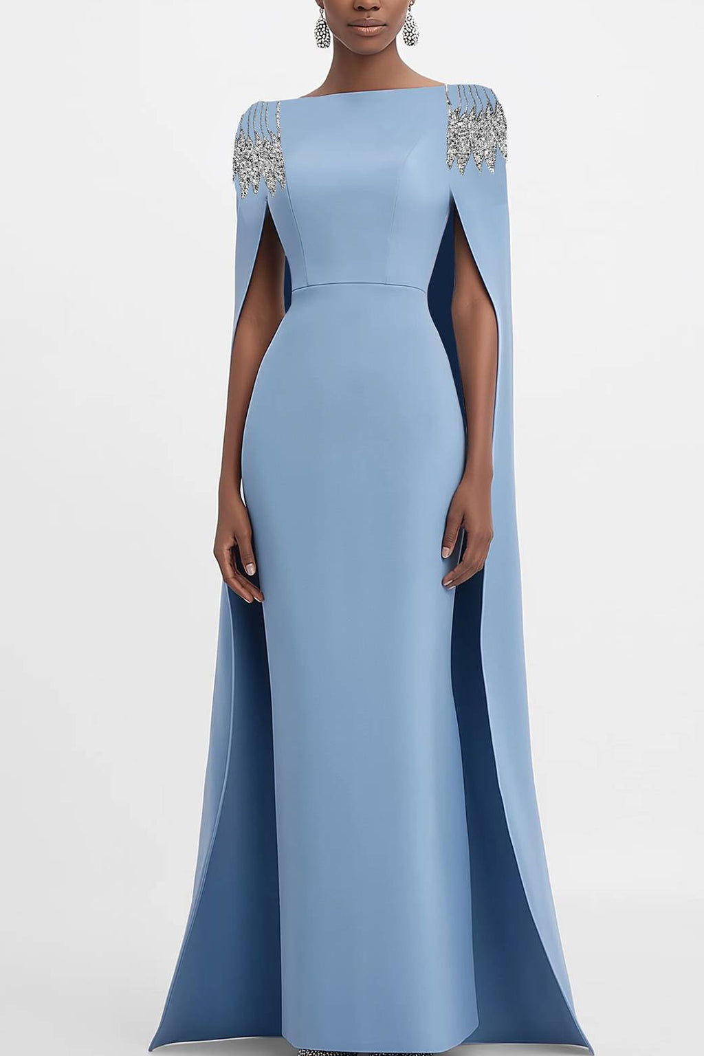 Mother of the Bride Dress Blue Cape Rhinestone Dec Pencil Maxi Gown