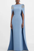 Mother of the Bride Dress Blue Cape Rhinestone Dec Pencil Maxi Gown