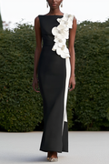 Daily Party Work Black White 3D Flower Maxi Dress